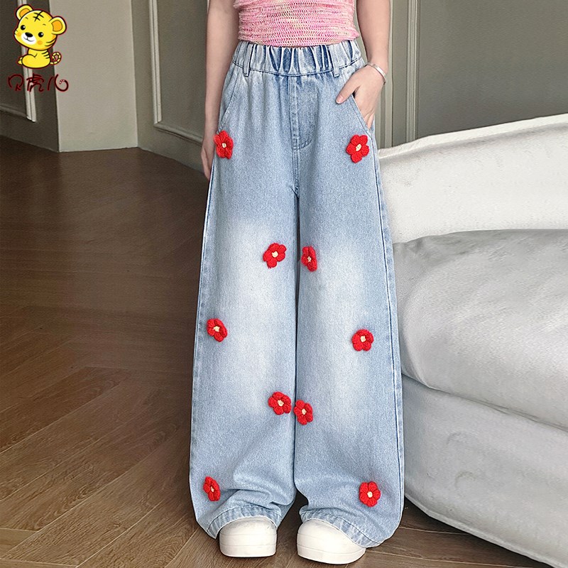 女童裤子春秋外穿2024新款中大童洋气加绒阔腿长裤春季儿童牛仔裤