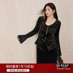 质感显瘦打底衫 蓝语大码 扭结设计拼接蕾丝边丝绒上衣2025秋冬新款