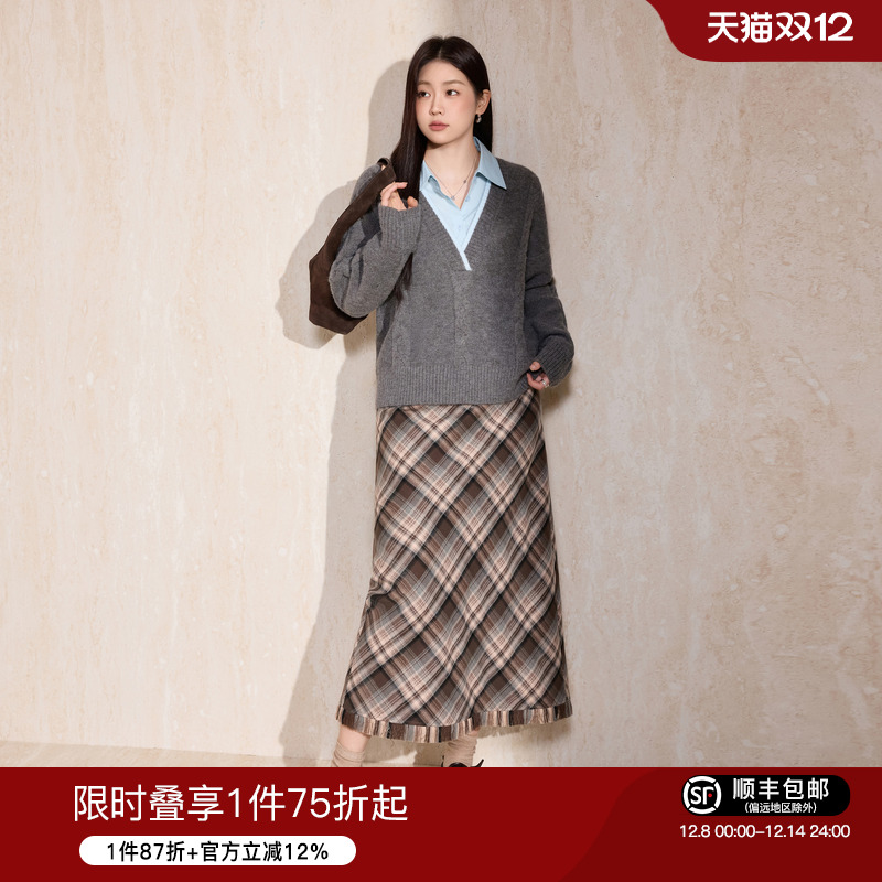 蓝语大码女装学院风撞色拼接衬衫假两件复古磨毛格纹半身裙套装