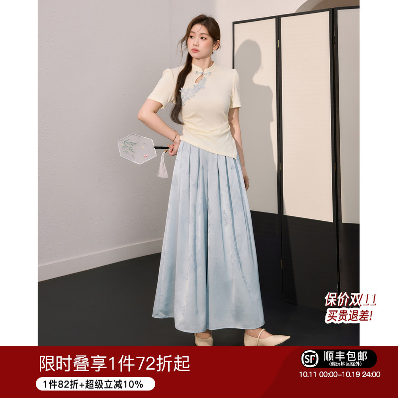蓝语大码女装新中式国风套装天丝棉凉感短袖宽松显瘦裤裙2025夏季