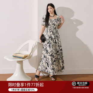 复古优雅方领水墨画碎花裙高腰压褶不对称密边设计连衣裙 蓝语大码