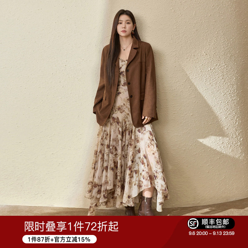 蓝语大码女装气质V领印花吊带连衣裙2026秋仿麂皮绒西装外套套装