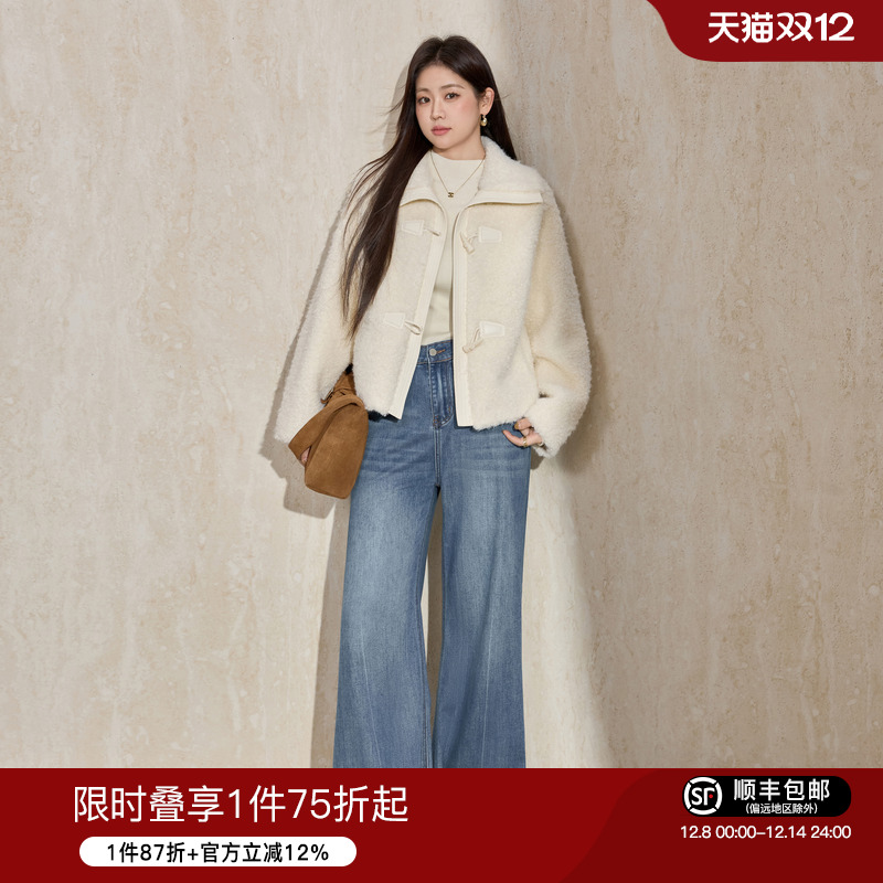 蓝语大翻领羊羔毛保暖短款外套