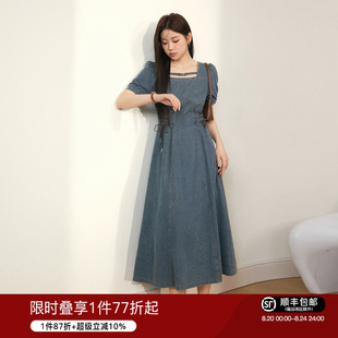 收腰显瘦遮肚a字裙 蓝语大码 女装 胖mm气质复古牛仔连衣裙夏季 新款