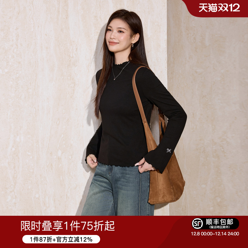 蓝语木耳边半高领通勤百搭针织衫