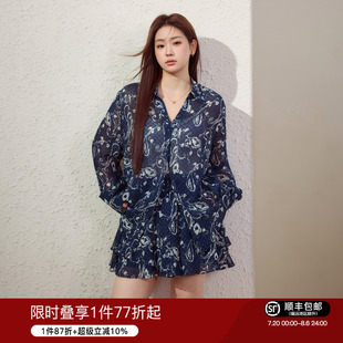 顯瘦荷葉邊短褲 夏季 女裝 獨特套裝 慵懶度假風(fēng)透氣輕薄襯衫 藍(lán)語大碼