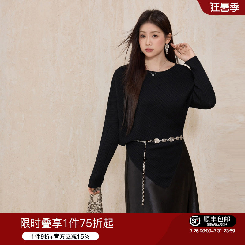 蓝语大码女装气质黑色不规则蝙蝠袖针织衫秋季修身遮肚子内搭上衣