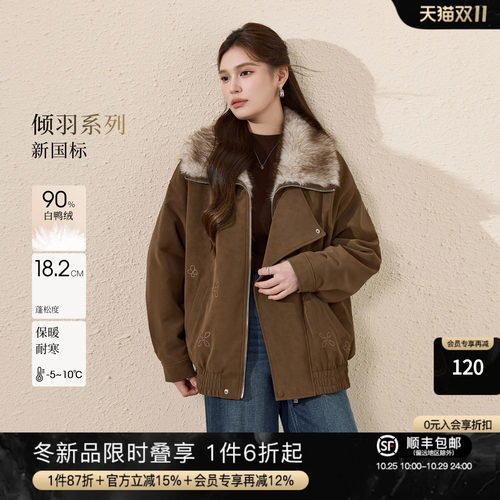 复古毛领90白鸭绒仿PU皮羽绒外套