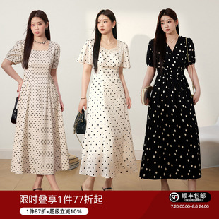 方领蕾丝花边波点连衣裙夏季 现货 法式 蓝语大码 收腰显瘦a字裙 女装