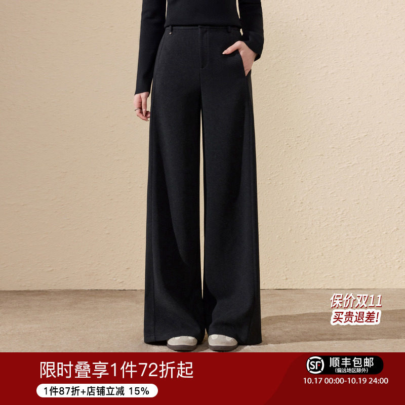 蓝语大码女装简约醋酸羊毛混纺休闲直筒裤2026冬高腰垂感遮胯长裤