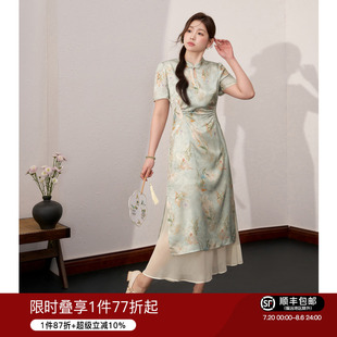 清风绿浮 女装 蓝语大码 显瘦拼接连衣裙 新中式 印花改良旗袍夏季