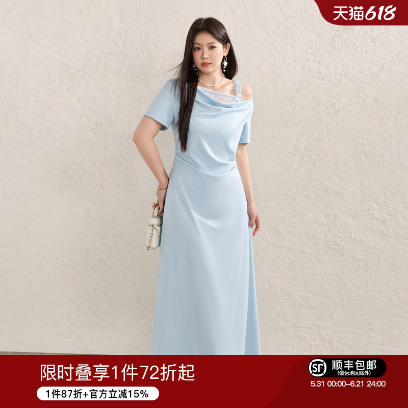 蓝语大码女装雾蓝不对称荡领连衣裙夏季微胖mm收腰显瘦温柔风长裙