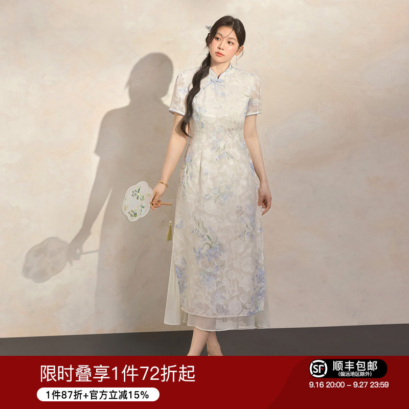 蓝语新中式雪纺剪花旗袍连衣裙图片