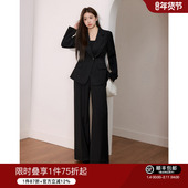 通勤套装 蓝语大码 外套垂感黑色直筒裤 春新款 女装 气质收腰显瘦西装
