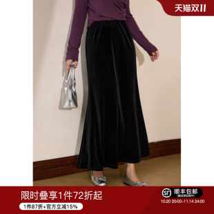 蓝语大码 胖mm气质优雅黑色丝绒半身裙2025春秋高腰显瘦鱼尾裙 女装