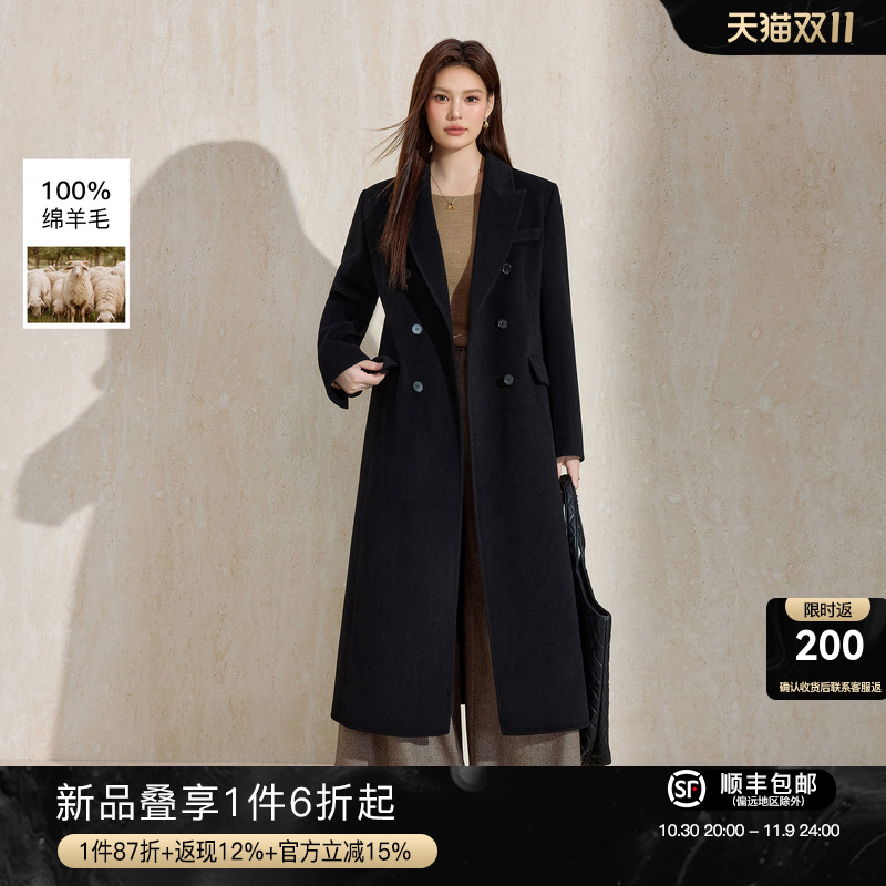 蓝语赫本风黑色全羊毛双面呢大衣