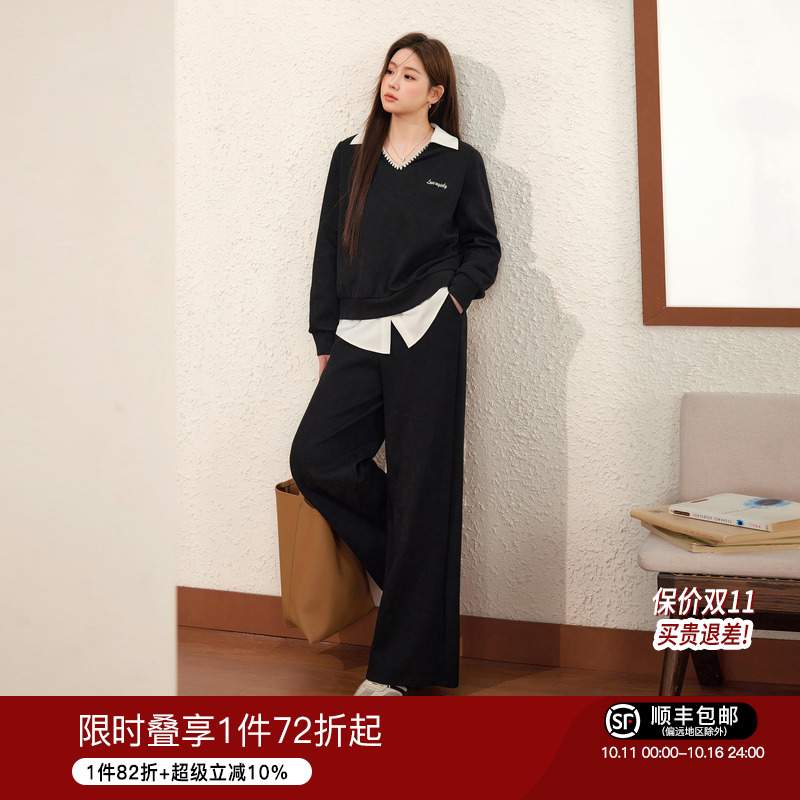 蓝语大码女装休闲假两件卫衣宽松显瘦黑色阔腿裤2025秋季运动套装