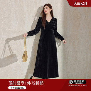高级赫本风V领丝绒连衣裙秋冬a字收腰打底长裙子 法式 蓝语大码 女装