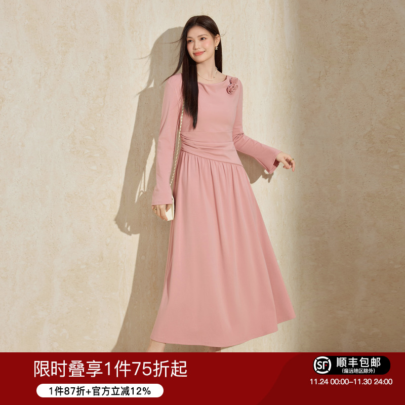 蓝语法式优雅立体花朵收腰连衣裙