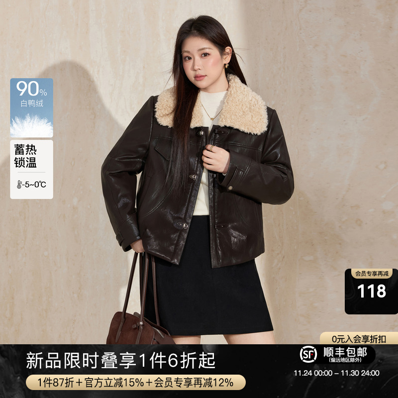 蓝语雾面毛领仿皮衣短外套羽绒服