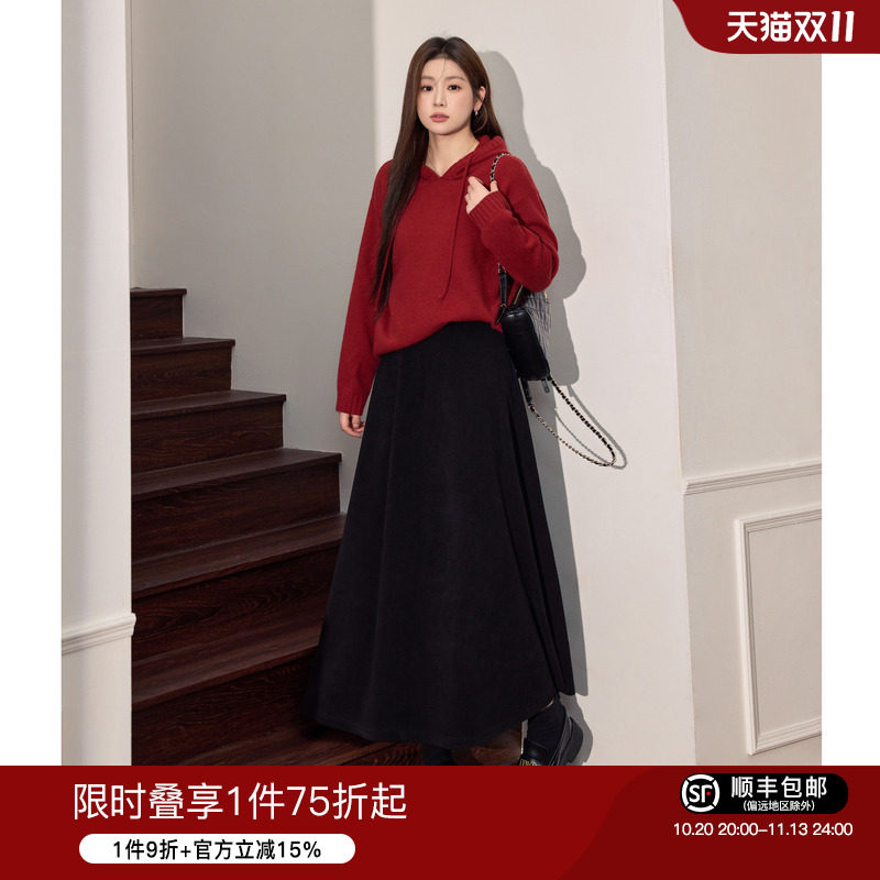 蓝语大码冬季新年红色连帽针织毛衣显瘦半身裙超好看独特漂亮套装