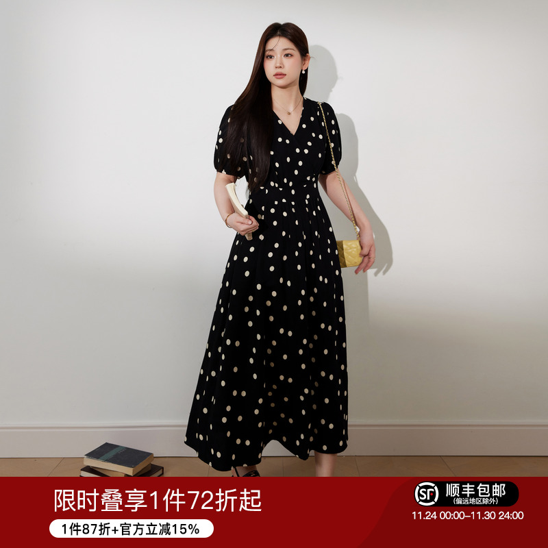 法式波点连衣裙大码女装蓝语