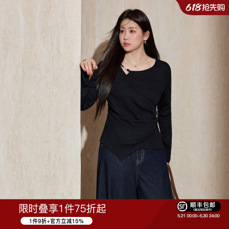 蓝语大码女装黑色长袖T恤2026春季新品不规则设计感褶皱收腰上衣