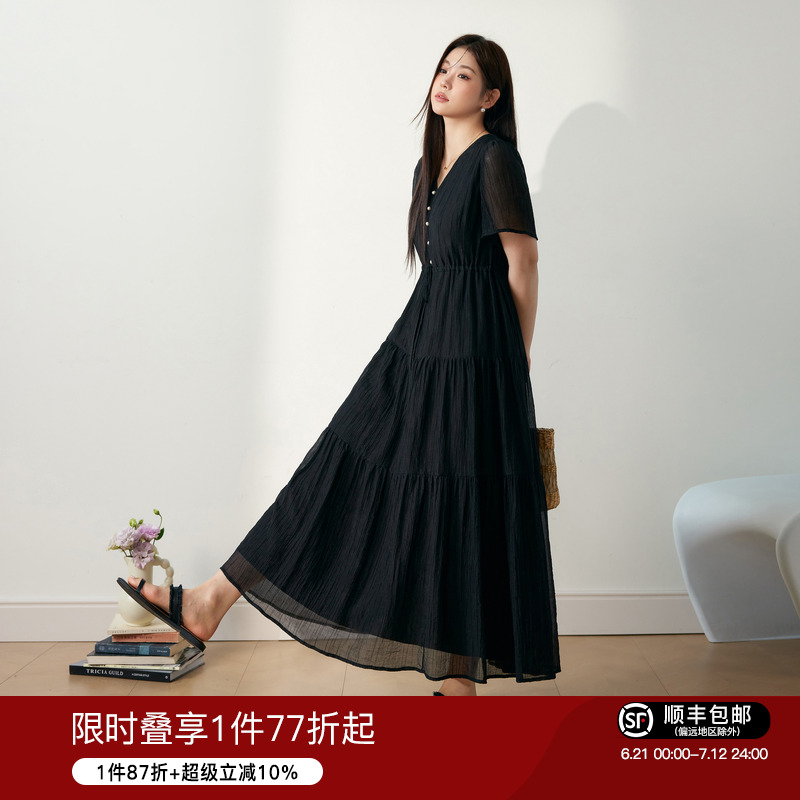蓝语大码女装莱赛尔气质黑色v领连衣裙夏季胖mm收腰显瘦长款a字裙