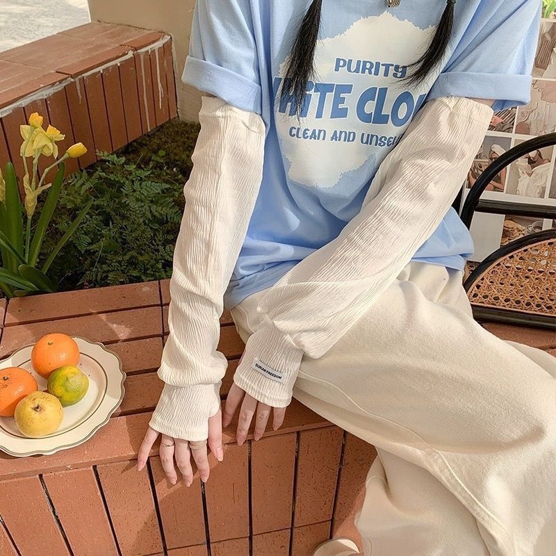 新款纯色防晒冰丝袖夏季时尚宽松褶皱户外骑行护手臂手袖