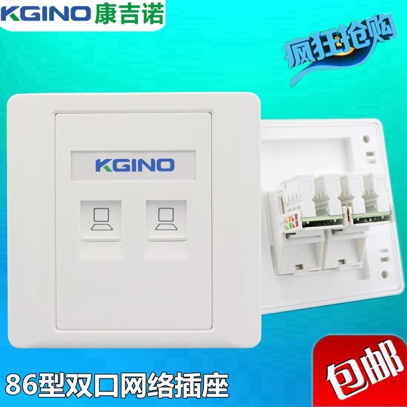 86型双网口家用墙壁开关插座二位电脑双网线网插网络面板RJ45双口