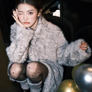 小火山努努 月影少女 立领染尖环保皮草外套女冬保暖短款毛毛大衣