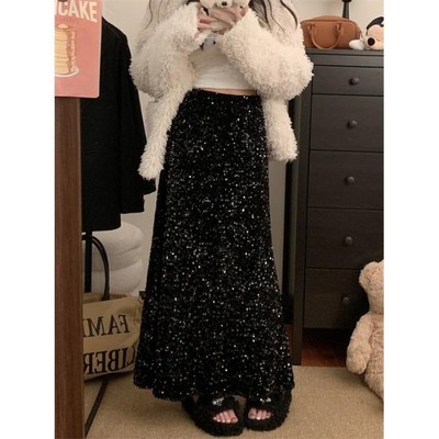 重工亮片黑色半身裙女冬季高级感