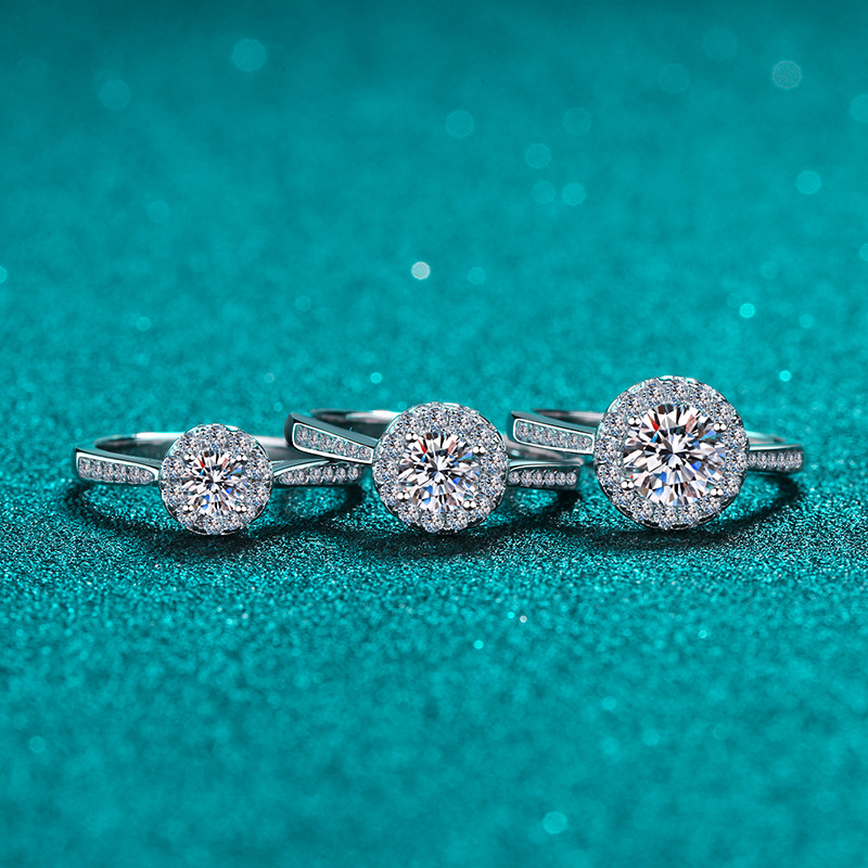 莫桑石戒指四爪圆包925纯银戒指女精致气质