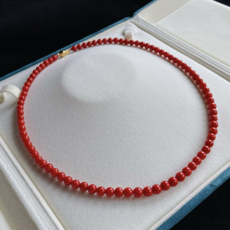 如一珊天然红珊瑚项链特深沙丁珊瑚5.3-6mm圆珠项链 A级品质