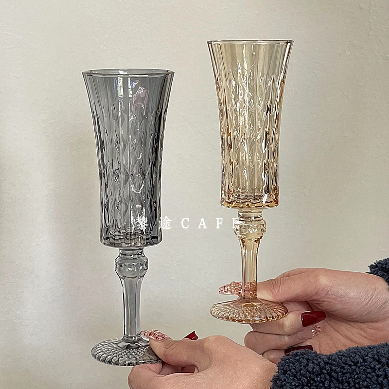 小众复古ins风钻纹浮雕高脚杯高颜值玻璃杯香槟杯红酒杯甜酒杯子