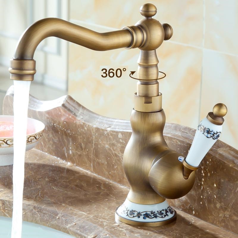 青花瓷欧式仿古面盆台盆冷热水龙头全铜复古厨房水龙头可旋转