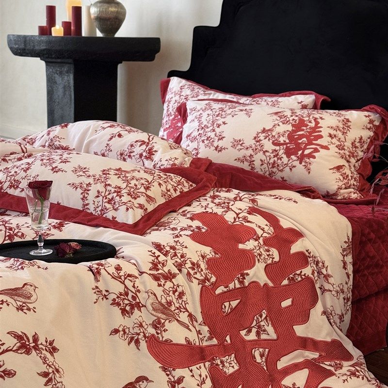 新中式婚庆d四件套红色喜字宝宝绒被套冬季加厚保暖结婚床品,床上用品,婚庆床品套件,淘宝优惠券,粉丝福利购,淘宝优惠卷