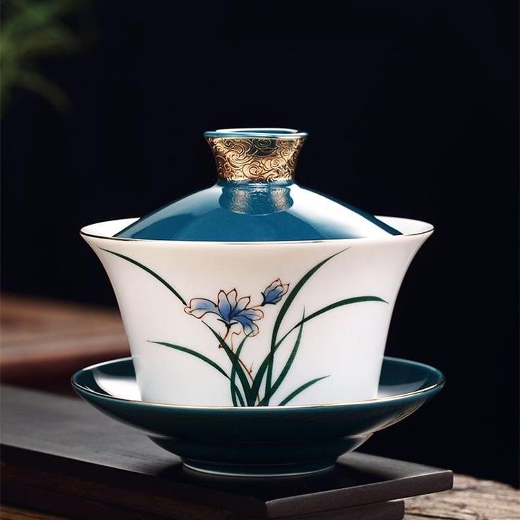 手绘三才盖碗茶杯大号茶碗白瓷功夫茶具家用泡茶碗八宝茶碗