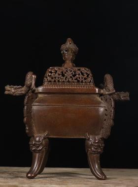 香炉摆件紫铜色香炉大号龙耳龙钮四足方熏炉盘香炉檀香线香炉