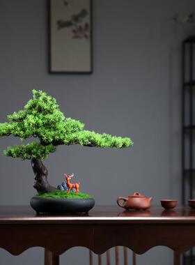 仿真迎客松崖柏盆景摆件客厅高级仿生绿植造景室内假松树盆栽装饰