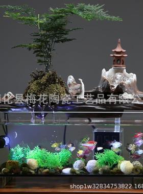 新中式玻璃鱼缸流水摆件2023新款循环水造景观客厅办公室桌面装饰