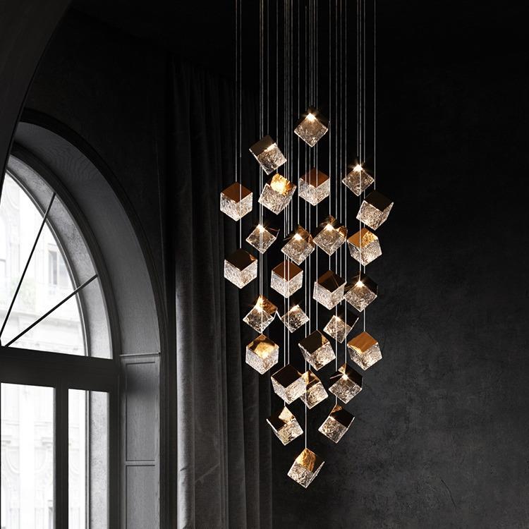 设计师主推款水晶玻璃魔方旋转楼梯灯现代餐厅商铺展厅前台长吊灯