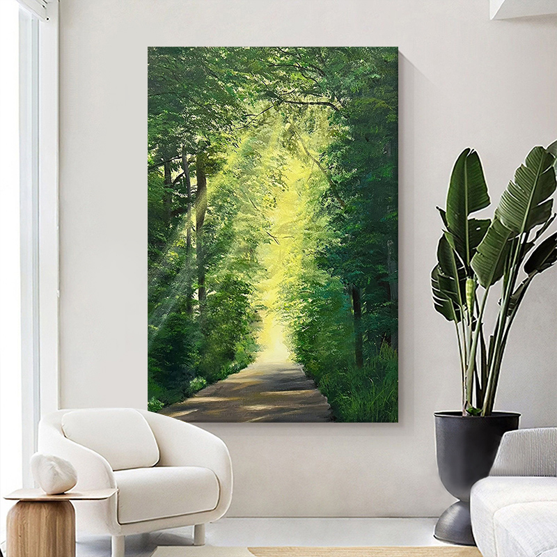 手绘绿色森林小路风景挂画丁达尔效应客厅装饰画玄关大芬村油画