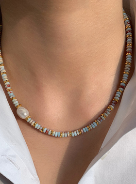 天然彩色串珠碧玉石淡水珍珠吊坠项链女秋冬毛衣链轻奢小众高级感