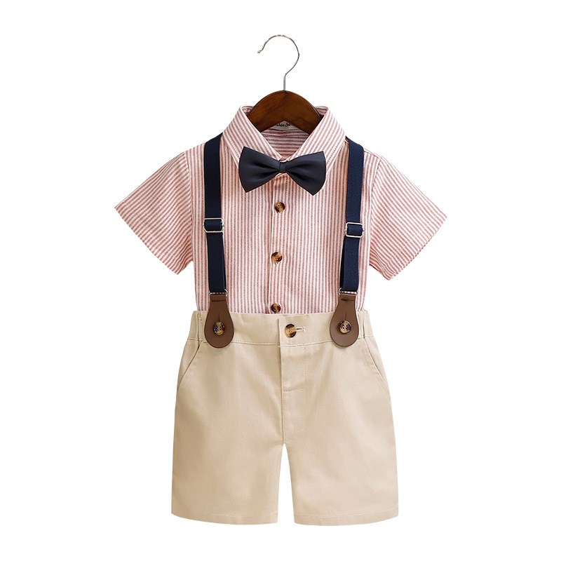 儿童礼服夏季短袖西装衬衫背带裤男童套装周岁花童生日主持演出服