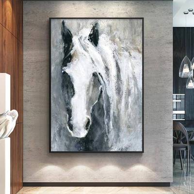 纯手绘抽象立体玄关油画白色骏马现代客厅装饰画轻奢餐厅艺术壁画