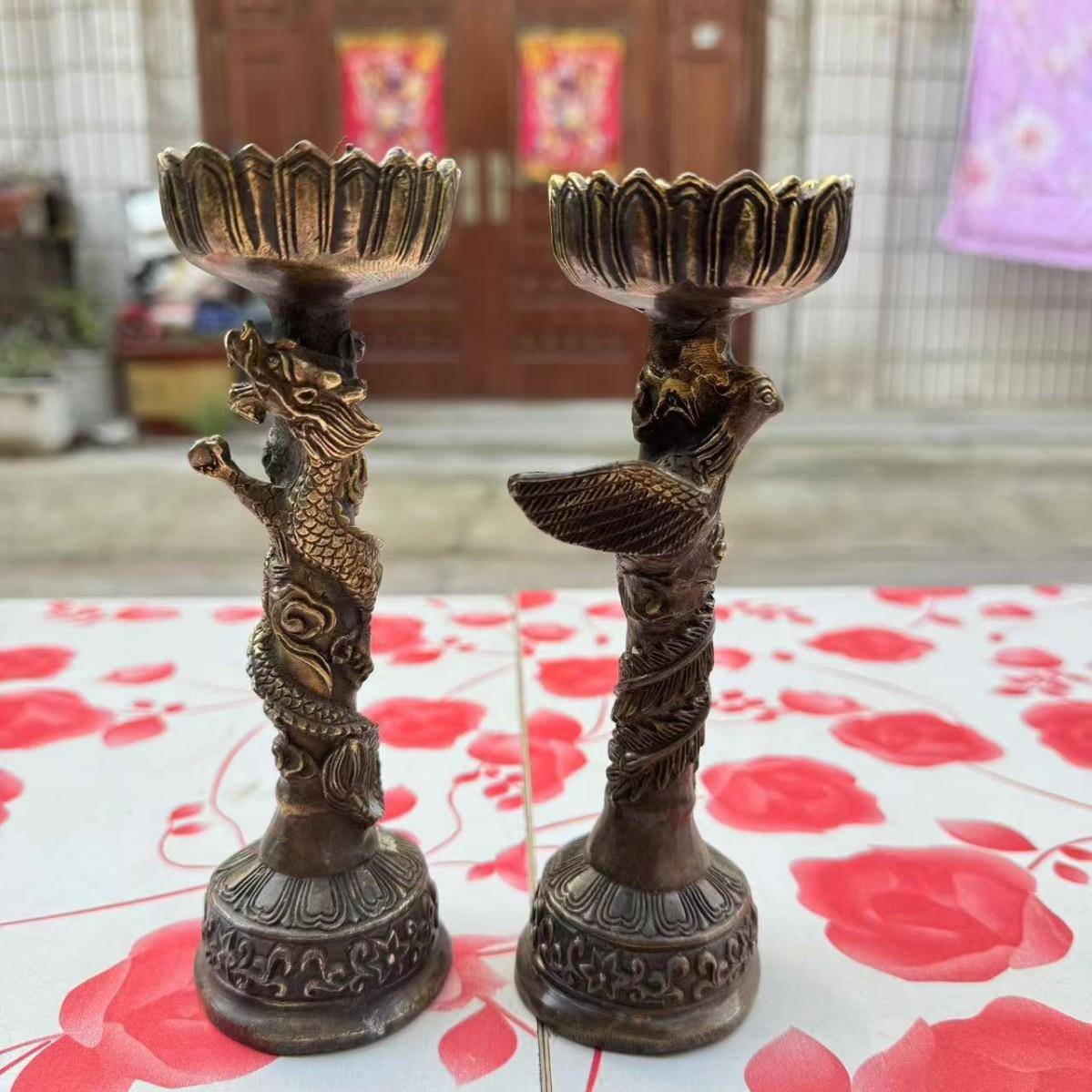 仿古龙凤烛台摆件古玩杂项龙凤呈祥烛台一对家居装饰古董工艺品