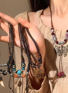 波西米亚异域民族风蝴蝶项链女新中式复古长款吊坠挂脖配饰配裙子