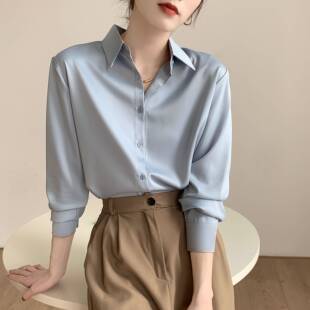 缎面长袖衬衣女春秋高级感职业气质工作服面试正装通勤蓝色衬衫女