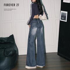 Forever21设计感低腰复古蓝y2k微喇牛仔裤女宽松阔腿窄版直筒裤子